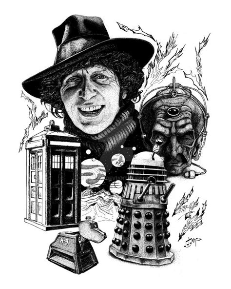 Pen And Ink Depicting Tom Baker As The 4th Doctor With K9 And The Tardis