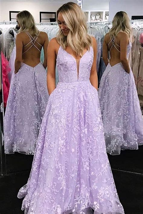 A Line V Neck Lilac Long Prom Dress With Appliques Backless Prom
