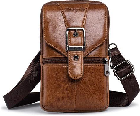 Hengwin Men Leather Shoulder Crossbody Bags Vertical Phone Waist Bag