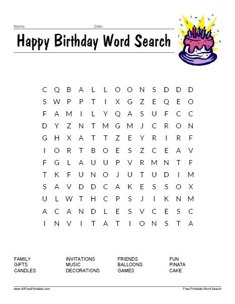 Happy Birthday Word Search Free Printable