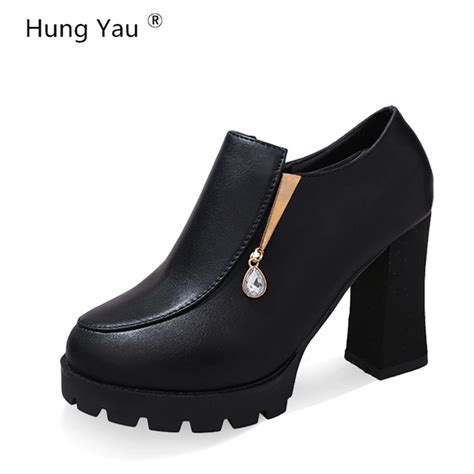 Hung Yau Women Fashion Ankle Boots Autumn 2017 Winter Leather Square High Heel Shoes Women