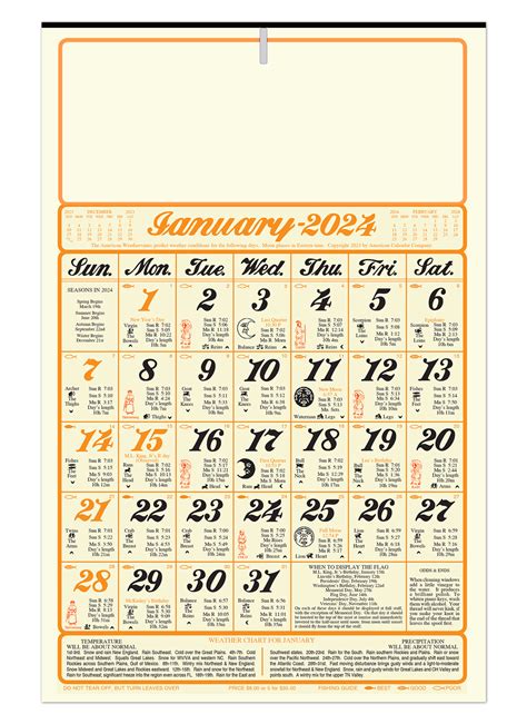 6 Sheet Almanac Calendar Antique Cream Paper 11x17