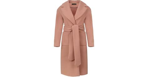 Conquista Long Salmon Colour Faux Mouflon Coat With Belt In Pink Lyst