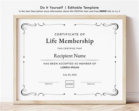 Life Membership Certificate Template Editable Printable Etsy