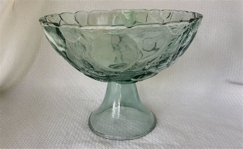 vintage pressed green glass fruit embossed pedestal fruit bowl etsy