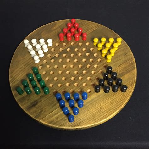 Wooden Round Vintage Chinese Checker Board With 60 Wooden Colored Pegs