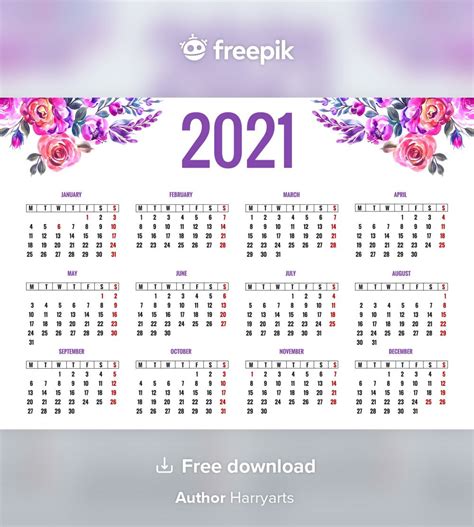 Lindo Calendário 2021 Com Design Floral Free Vector Freepik