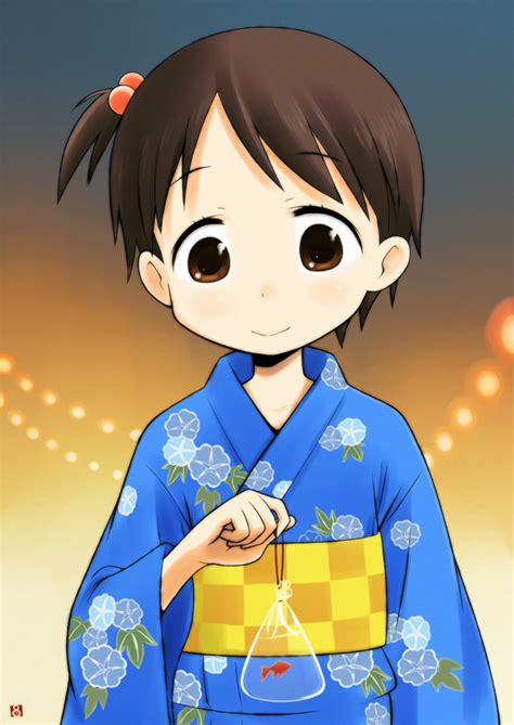 Ichiban Hoshi Itou Chika Ichigo Mashimaro 1girl Bag Blue Kimono Brown Eyes Brown Hair