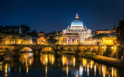 Картинки Рим Италия Vatican City Мосты храм Ночь речка Города
