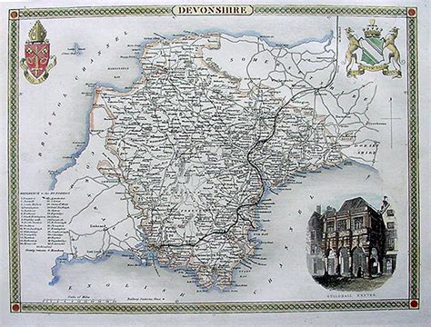 Original Old Map Of Devonshire By Thomas Moule 1850 Decorated With