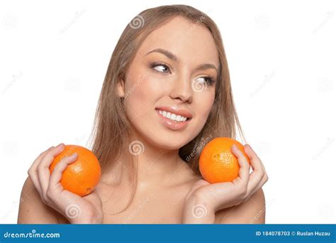 Portrait Of Young Woman Posing With Oranges Stock Image Image Of