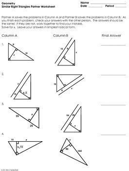 Included angle of the other triangle. Similar Right Triangles Partner Worksheet by Mrs E Teaches ...