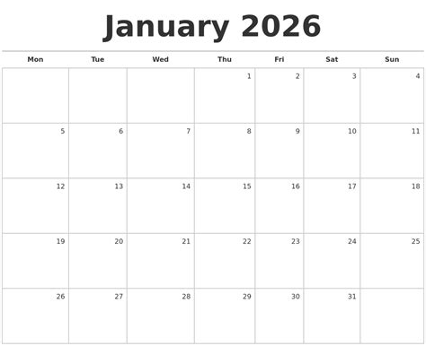 January 2026 Blank Monthly Calendar