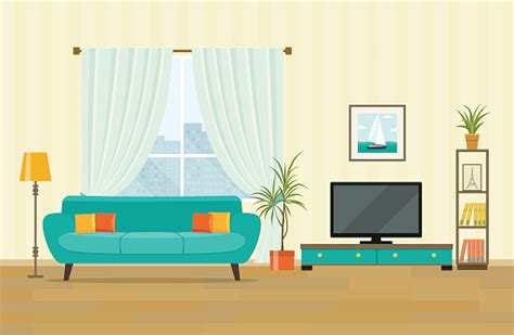 Living Room Interior Design With Furniture Flat Style Vector