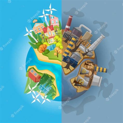 Premium Vector Earth Divided Into Two Halves Of Clean Ecology And