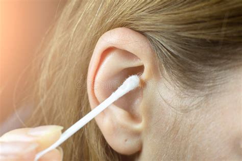 Close Up Woman Using Ear Cotton Swabs Hygienic Ears Sticks Stock