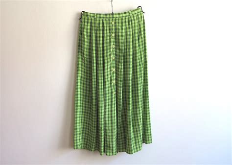 Lime Green Black Plaid Pleated Skirt Midi Checkered Full Skirt Haute