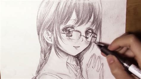 How I Draw Anime Girl Braided Hair Glasses In Black And White Youtube