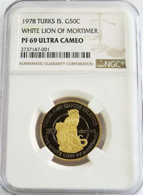 1978 GOLD TURKS CAICOS 265 MINTED 50 CROWN WHITE LION MORTIMER NGC