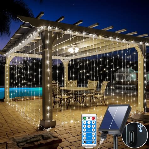 600led Solar Curtain Lights Waterproof 20 10ft Upgraded Twinkle