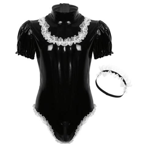 mens maid costume wetlook leather servant uniform fancy dress leotard bodysuit ebay