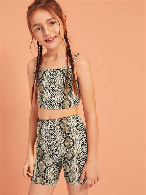 Shein Girls Snake Print Cami Top And Cycling Shorts Set Cute Outfits