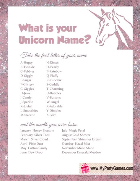 Free Printable What Is Your Unicorn Name Game