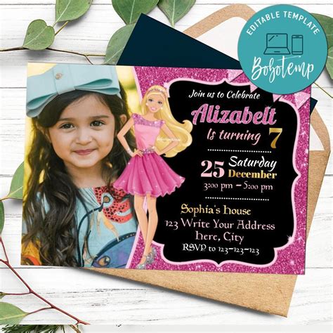 editable barbie birthday invitations with photo instant download createpartylabels