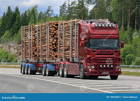 Red Scania Logging Truck Pulp Wood Haul On Motorway Editorial Stock