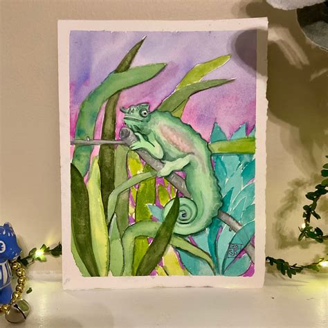 Original Watercolor Painting The 4 Horned Chameleon 75 X Etsy