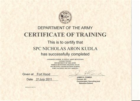 Army Training Certificate For Army Certificate