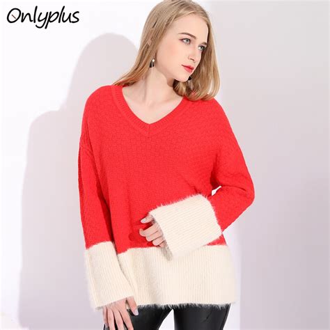 onlyplus fashion patchwork sweater korean autumn winter v neck loose cashmere wool pullover pull
