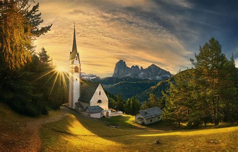 Wallpaper Trees Sunset Mountains Italy Church Italy The Dolomites
