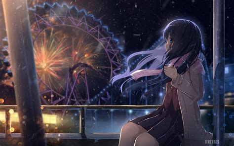 Wallpaper Anime Girl Scenic Fireworks Amusement Park Night Ferris