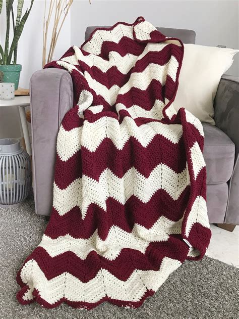 Crochet Chevron Afghan Blanket Burgundy Red And Cream Etsy