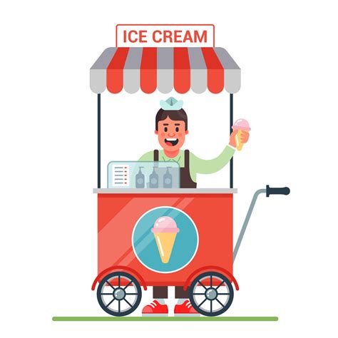 Cart On Wheels With Ice Cream Cheerful Seller Sells Ice Cream Flat Character Vector