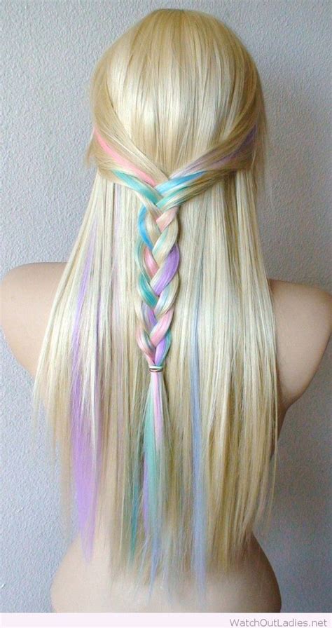 Pastel Color Highlights On Blonde Hair Color In A Braid Hair Styles Hair Color Pastel Blonde