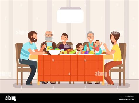 Gran Familia Feliz Comer Juntos En El Salón Dibujos Animados Vector