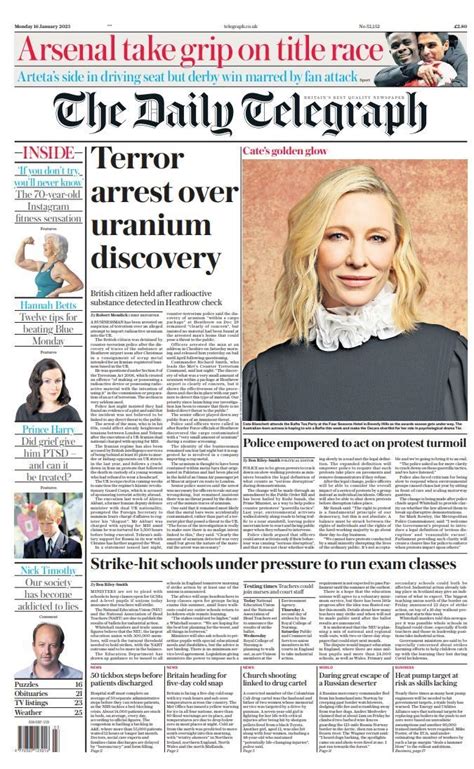 Daily Telegraph Front Page 16th Of January 2023 Tomorrow S Papers Today