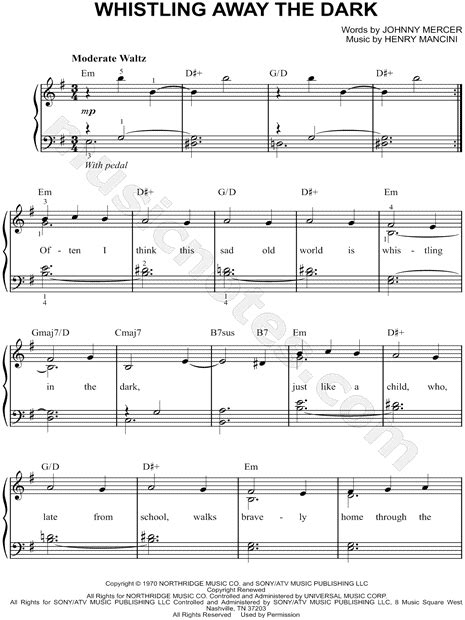 Henry Mancini "Whistling Away the Dark" Sheet Music (Easy Piano) in E