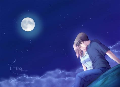 Download Romance Anime Couple Kissing With Moon Wallpaper