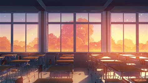 Download 1920x1080 Anime Classroom Sunset Windows Chair And Desks