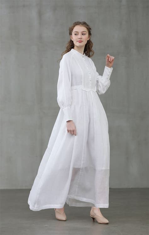 White Linen Dress Maxi Linen Dress Puff Sleeve Pleated Etsy