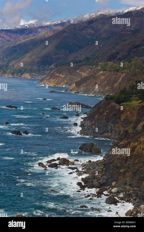 The Big Sur Headlands Lead To The Snow Covered Santa Lucia Mountains