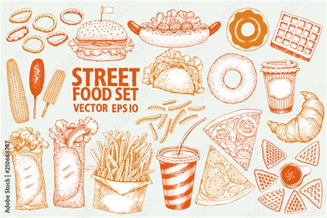 Fast Food Vector Illustration Set Hand Drawn Street Food Can Be Use