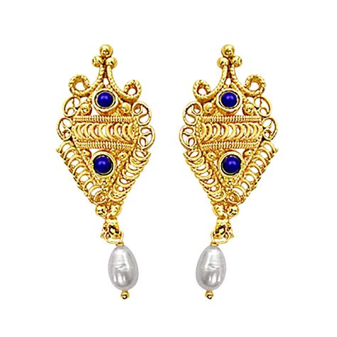 24kt Gold Plated Earrings With Blue Lapiz And Freshwater Pearl Surat