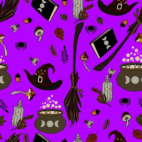 Vector Seamless Pattern Halloween Eps Doodle Potion And Wiccan Symbols Mushrooms And Autumn