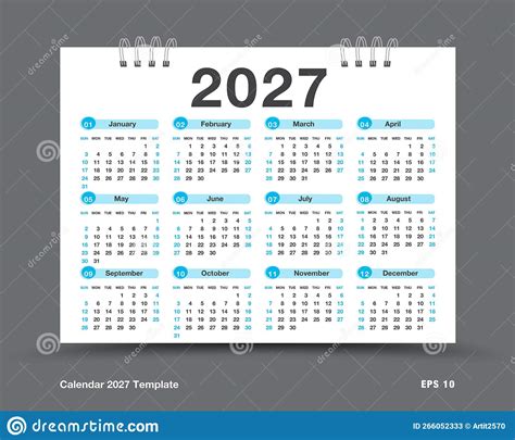 2027 Simple Horizontal Pocket Calendar Grid Template Isolated On White Vector Cartoondealer