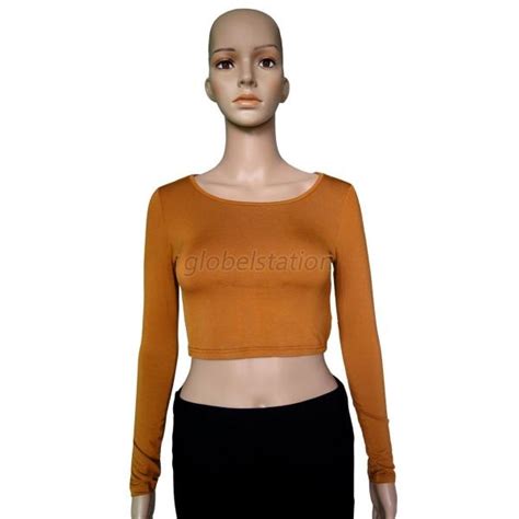 sexy lady scoop neck long sleeve crop belly tops fitted tee stretchy t shirt g49 ebay