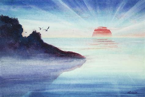 Distant Shoreline Sunrise Watercolor Painting Painting By Michelle Wiarda